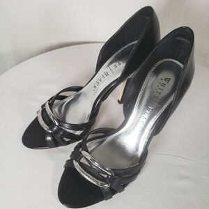 White House Black Market Black Leather Open Toe 3 Inch Heels Sz 6
